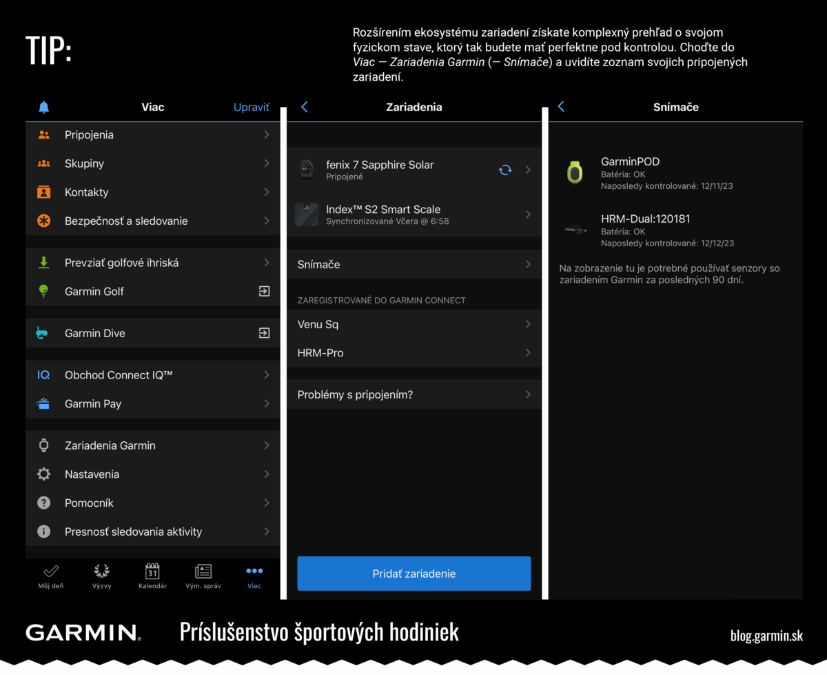 Príslušenstvo k&nbsp;športovým hodinkám zobrazené v&nbsp;aplikácii Garmin Connect